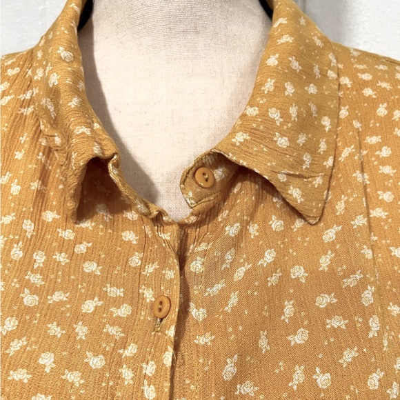 Moral Fiber Blouse Yellow Mustard White Rose/Polka Dot Mini Print tie front 3X - Picture 2 of 9